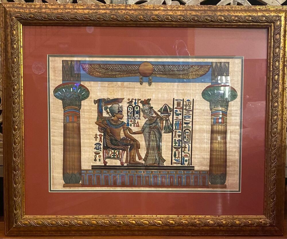 Large Vintage Egyptian Papyrus Artwork Framed Egyptian Revival Wall Art Pharaoh